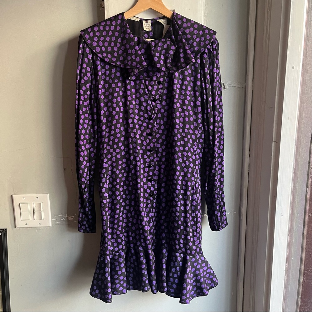 Ungaro Purple And Black Polka Dot Ruffle Dress
